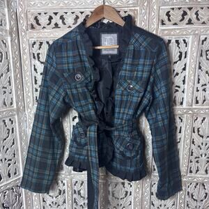 Womens 90s Vintage Dollhouse Blazer Jacket Teal Gray Ruffle Plaid Wool Size XL